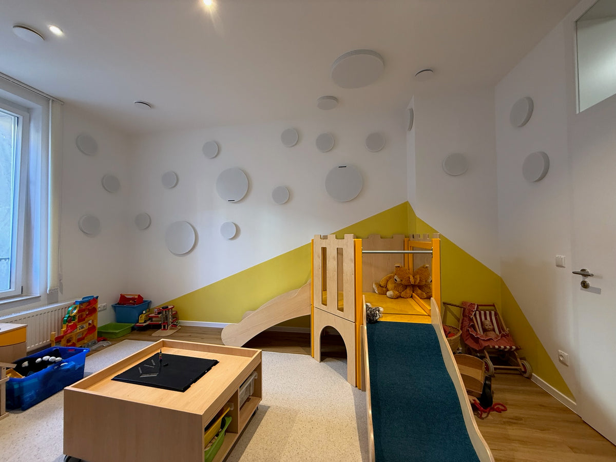 Akustikelemente an Wand und Decke in einem Kita-Spielraum
